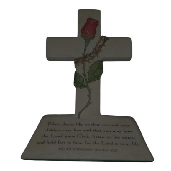 Decorative Cross with Red Rose Accent Deuteronomy Bible Quote 30:19-20 - Picture 6 of 11